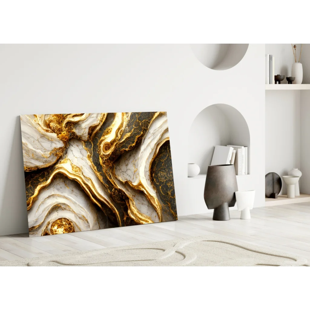 Luxe Gold Marble glass wall art with swirling gold and white patterns