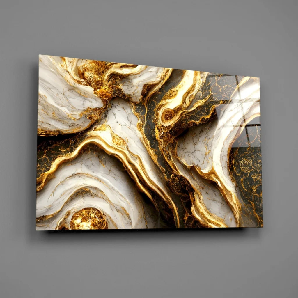 Luxe Gold Marble glass wall art with swirling white patterns on dark background
