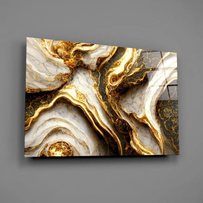 Luxe Gold Marble glass wall art with swirling white patterns on dark background