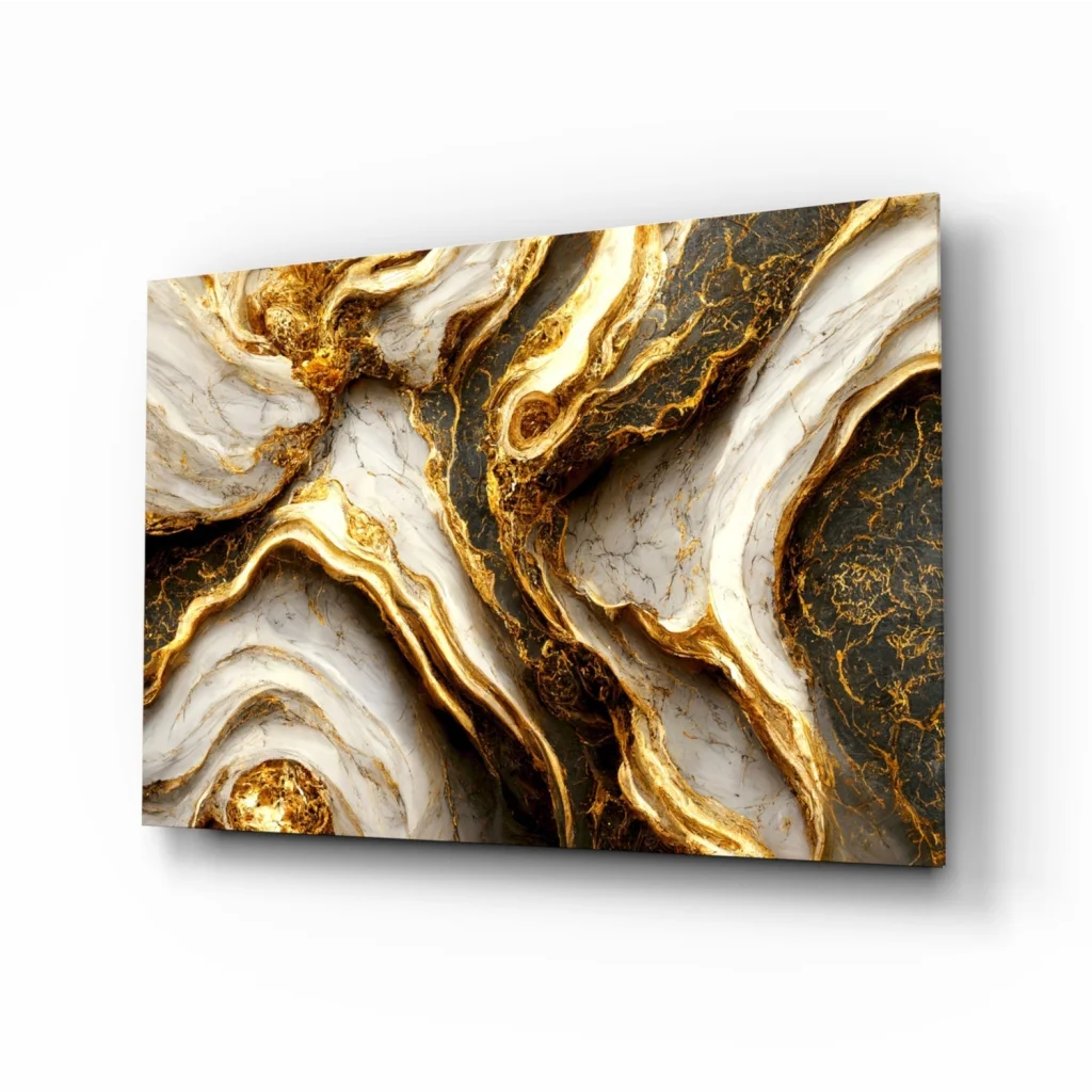 Luxe Gold Marble glass wall art with swirling white, black, gold patterns