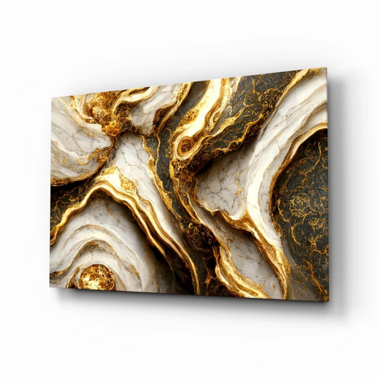 Luxe Gold Marble glass wall art with swirling white, black, gold patterns