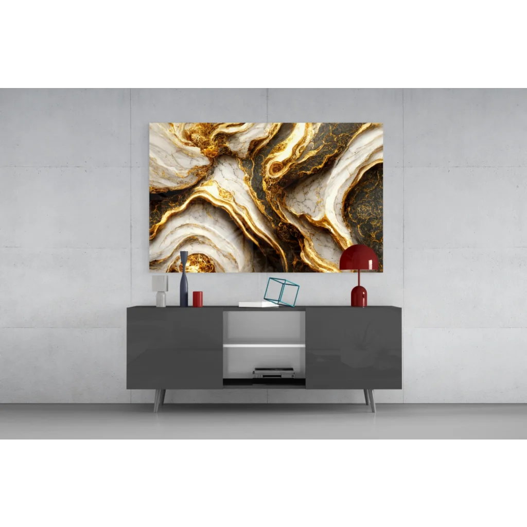 Luxe Gold Marble Glass Wall Art with swirling gold, white, and gray patterns