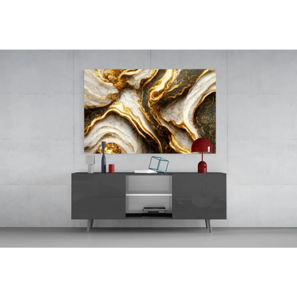 Luxe Gold Marble Glass Wall Art with swirling gold, white, and gray patterns