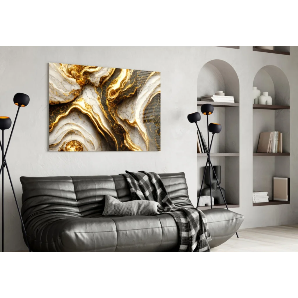 Luxe Gold Marble glass wall art with glossy shimmer on canvas above gray sofa