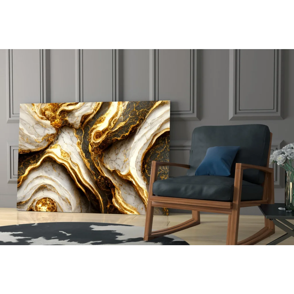 Luxe Gold Marble Glass Wall Art with glossy shimmer