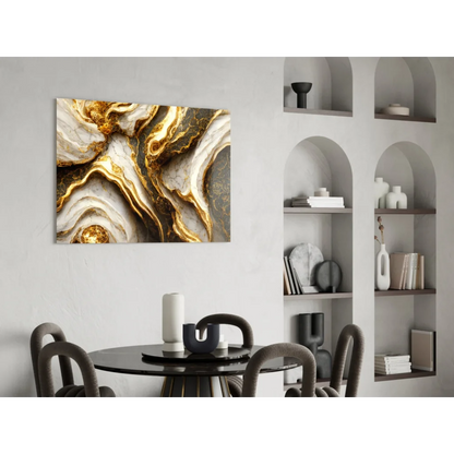 Luxe Gold Marble glass wall art with swirling gold and white patterns