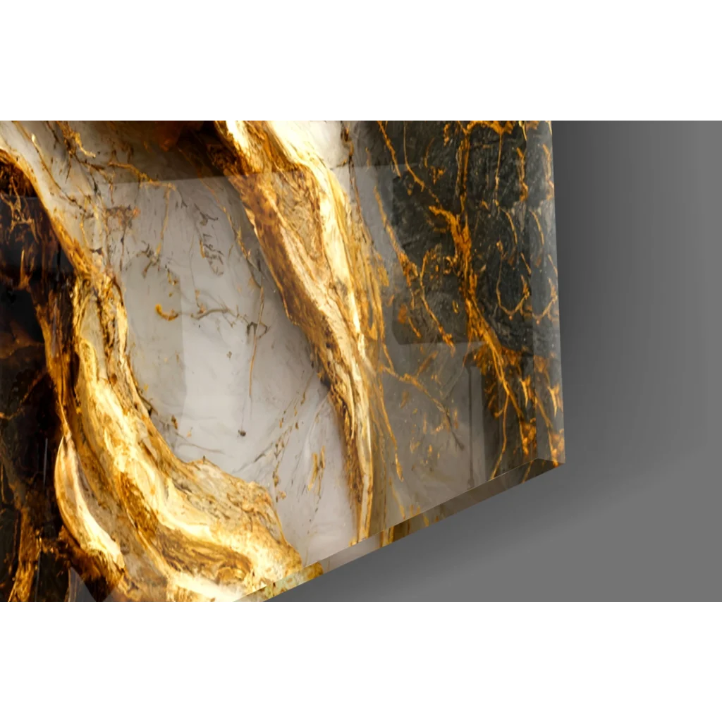 Luxe Gold Marble Glass Wall Art with glossy shimmer and golden veins