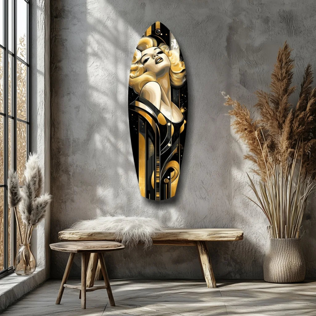 Art deco tempered glass art of glamorous blonde in gold and black