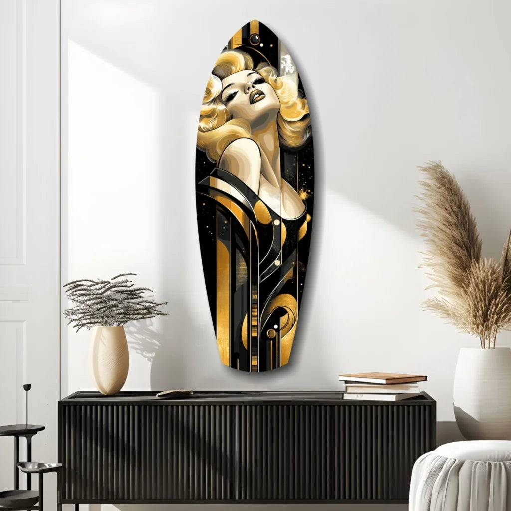 Art deco tempered glass art of glamorous blonde in gold black tones