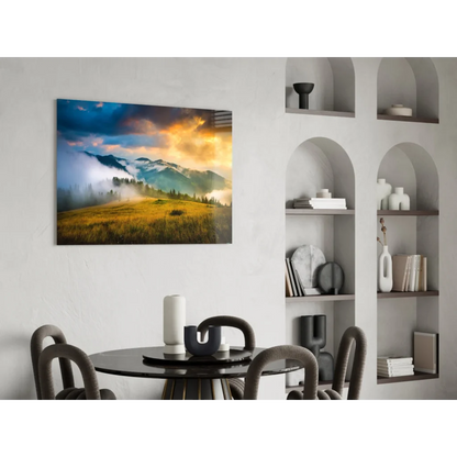 Misty golden sunrise mountain canvas wall art print