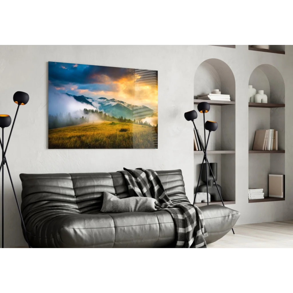 Golden Mountain Sunrise misty canvas wall art on white wall