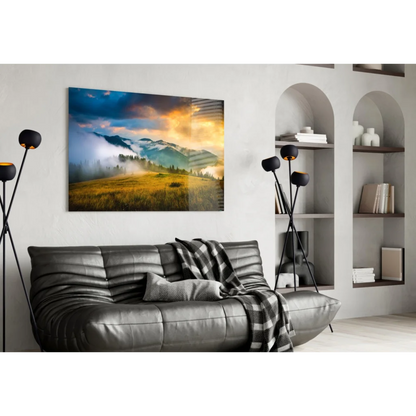 Golden Mountain Sunrise misty canvas wall art on white wall