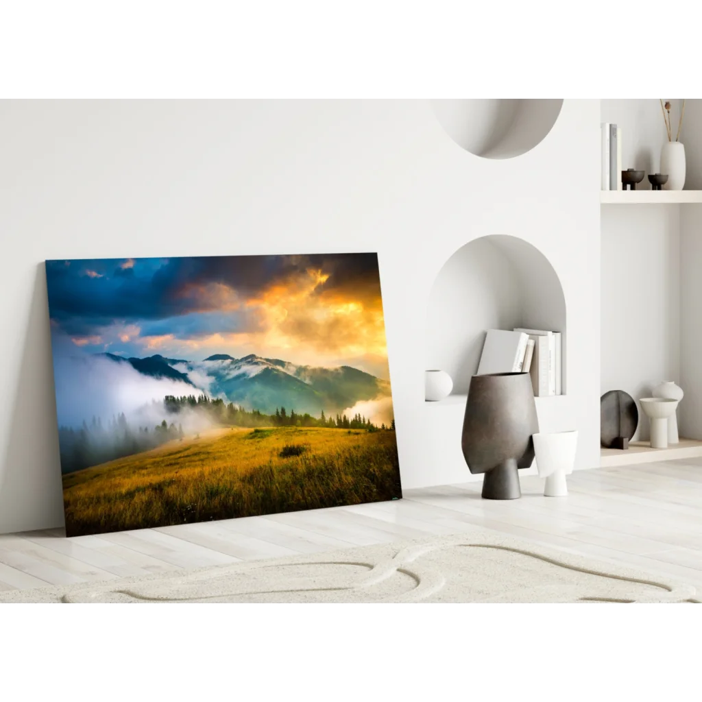 Golden Mountain Sunrise canvas wall art print with sunlit peaks