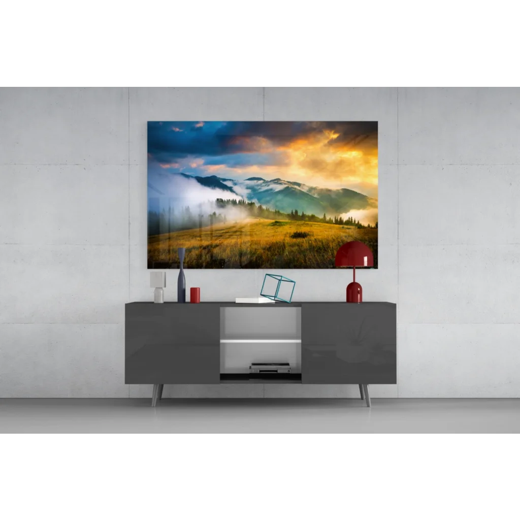 Golden Mountain Sunrise canvas wall art print on gray table