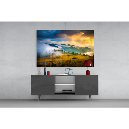 Golden Mountain Sunrise canvas wall art print on gray table