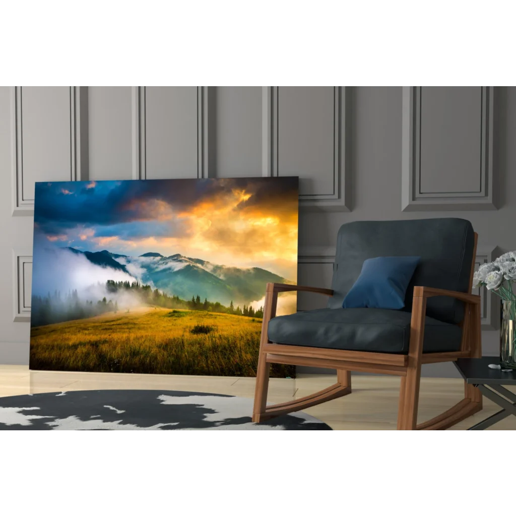 Golden Mountain Sunrise canvas wall art with vibrant sunset peaks