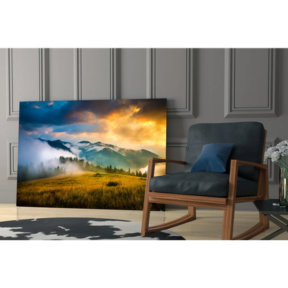Golden Mountain Sunrise canvas wall art with vibrant sunset peaks