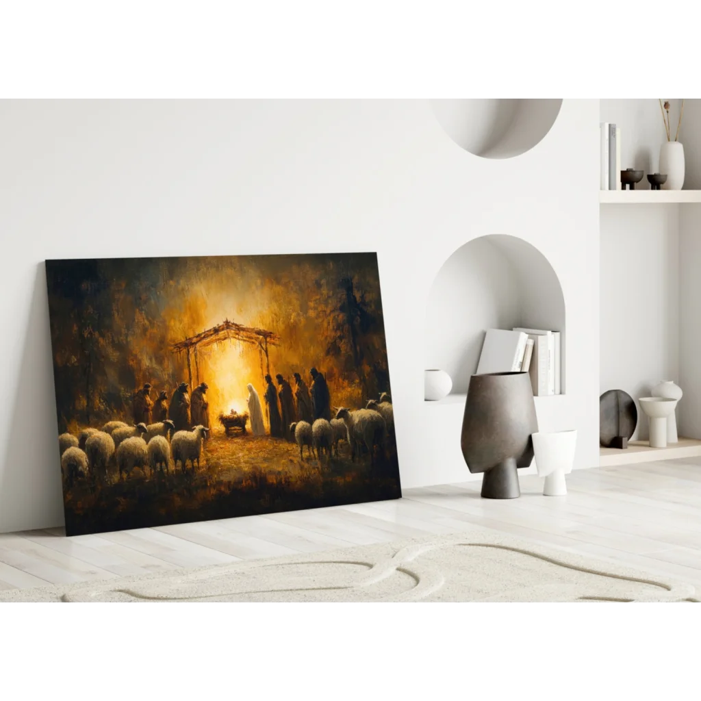 Golden Nativity canvas wall art with manger, sheep, and shepherds