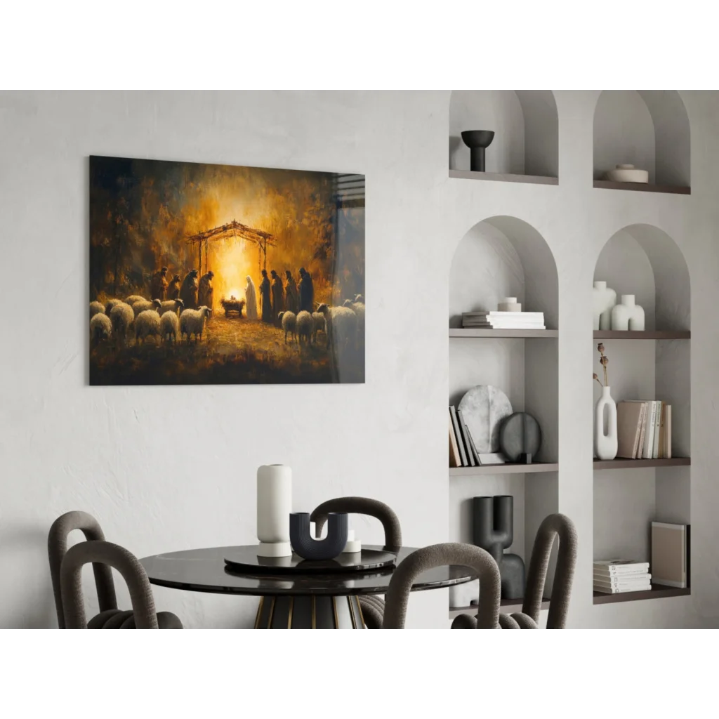 Golden Nativity 24x36 inch canvas wall art with shepherds and sheep