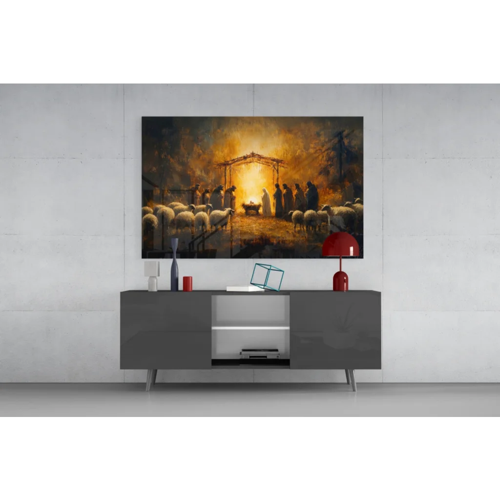 Modern gray TV stand with sleek silver legs and glossy wall art finish