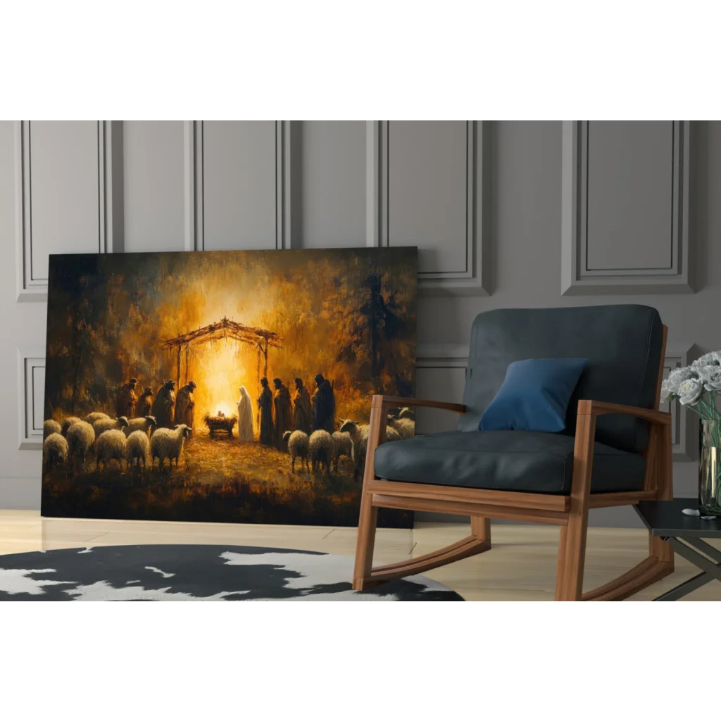 24x36 inch Golden Nativity canvas wall art with shepherds and sheep