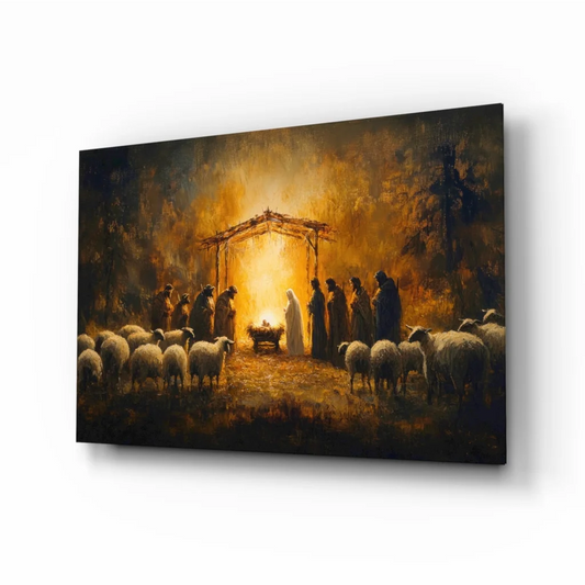 Golden Nativity canvas wall art with shepherds, sheep, and starry night sky