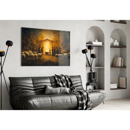 Black leather sofa with plaid blanket and modern lamps under Golden Nativity wall art