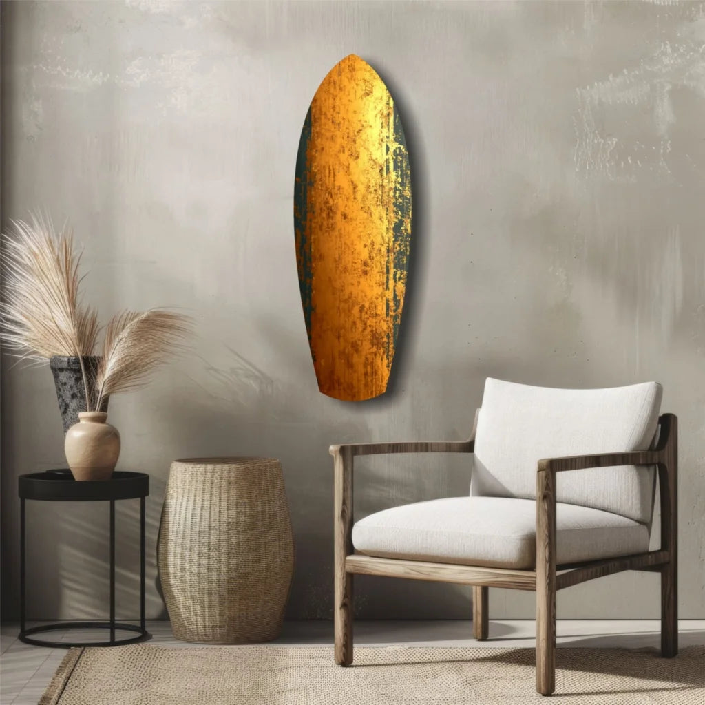 Vintage surfboard tempered glass art in golden-orange and green finish