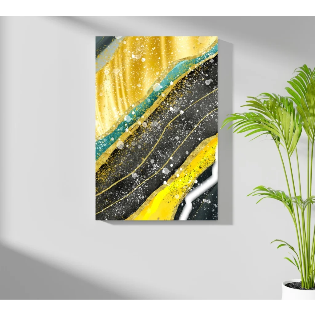 Modern Insigne aluminum print with bold teal gold black waves