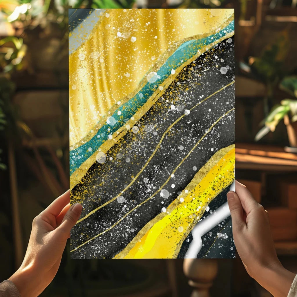 Vibrant Insigne aluminum print with bold teal, gold, black waves and white splatters