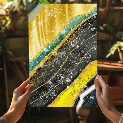 Vibrant Insigne aluminum print with bold teal, gold, black waves and white splatters