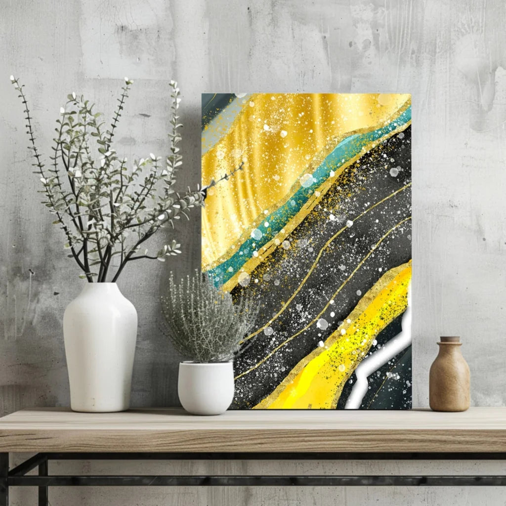 Insigne Aluminum Print with Bold Teal Gold and Black Waves | Glass Wall Art Print | vintageantiquesgifts.com