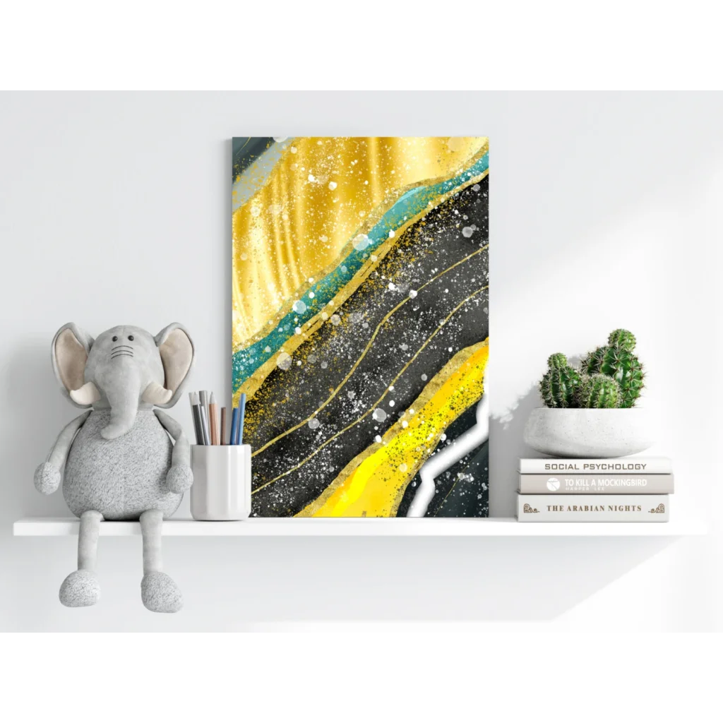 Abstract Insigne aluminum print with teal gold black waves