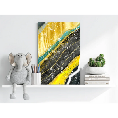 Abstract Insigne aluminum print with teal gold black waves