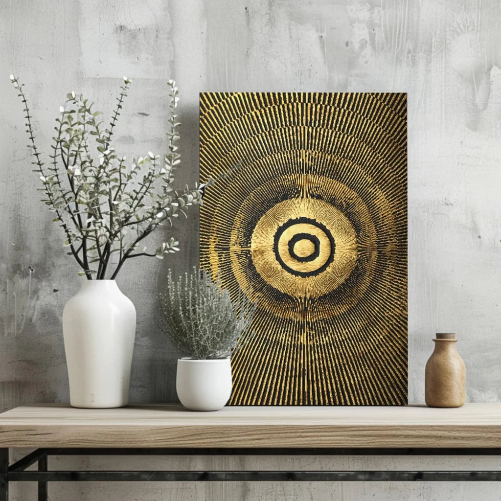 Golden Radiance Concentric Circle Aluminum Wall Art with textured abstract design