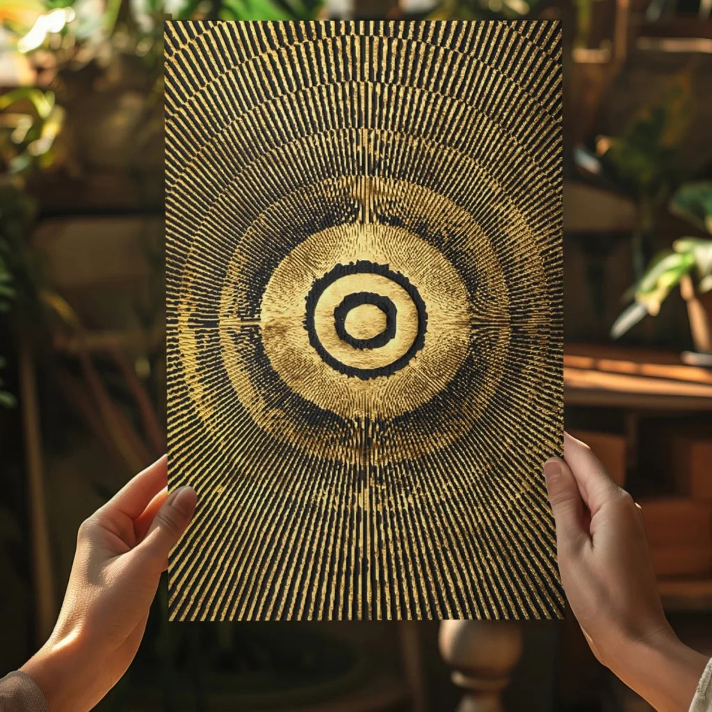 Golden Radiance concentric circle aluminum wall art with golden rings