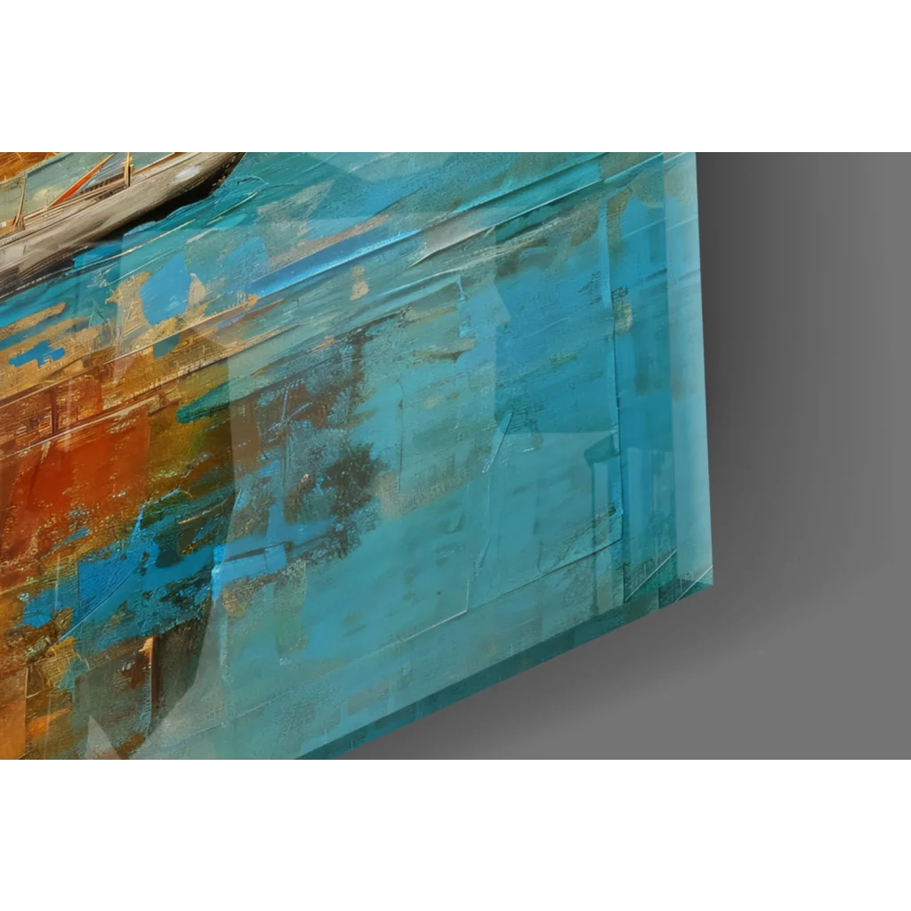 Textured teal blue orange impressionist sailboat canvas wall art