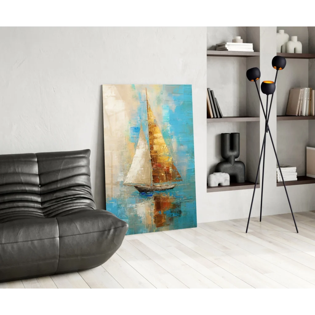 Vibrant golden sailboat canvas wall art with textured blue impressionist design