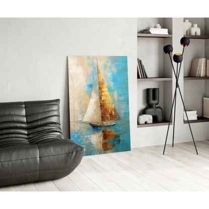 Vibrant golden sailboat canvas wall art with textured blue impressionist design