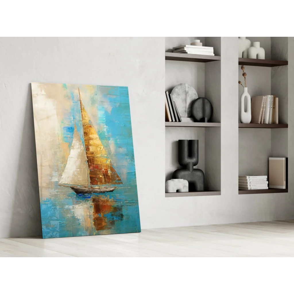 Vibrant golden sailboat canvas wall art on easel with textured blue sea
