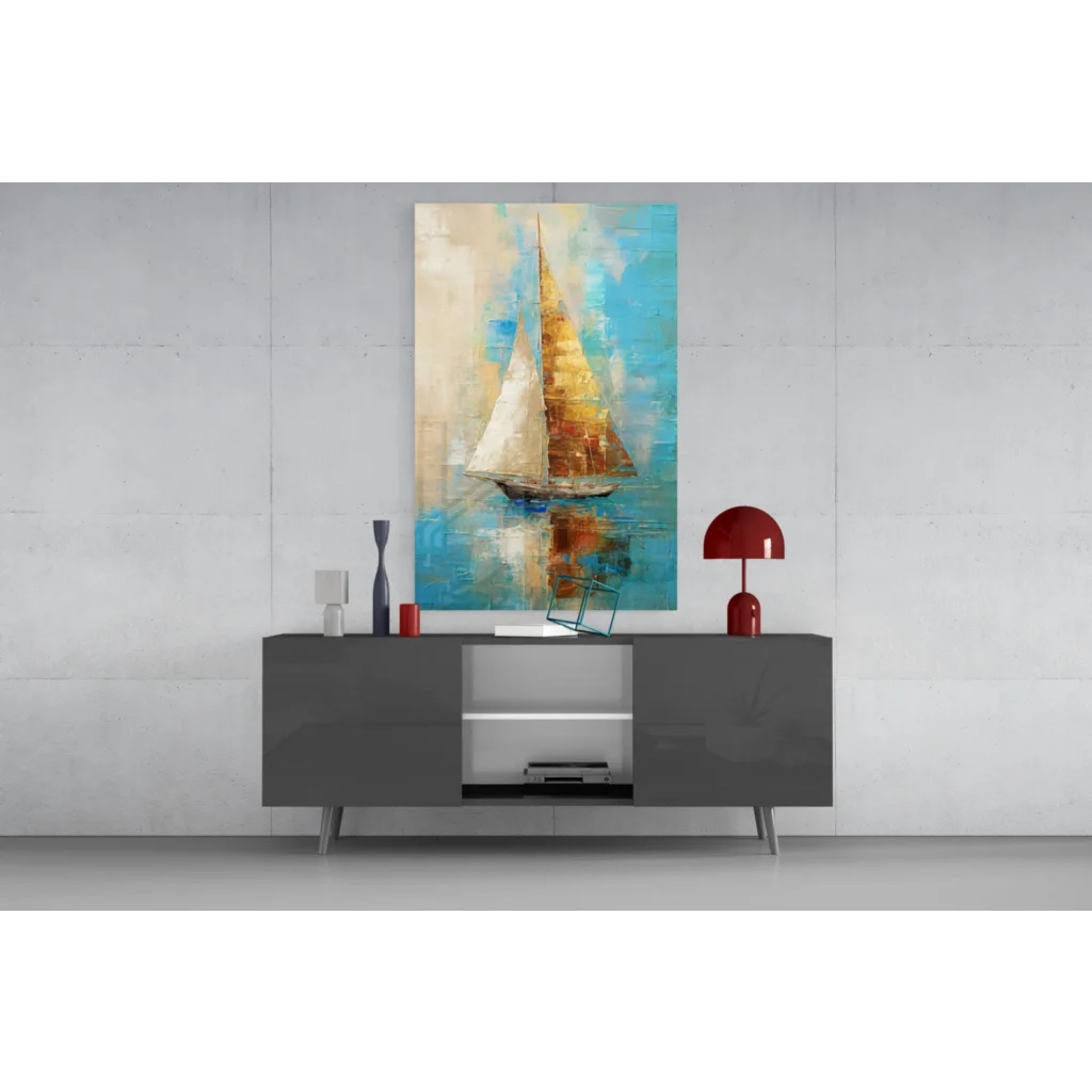 Golden sailboat canvas wall art on gray console