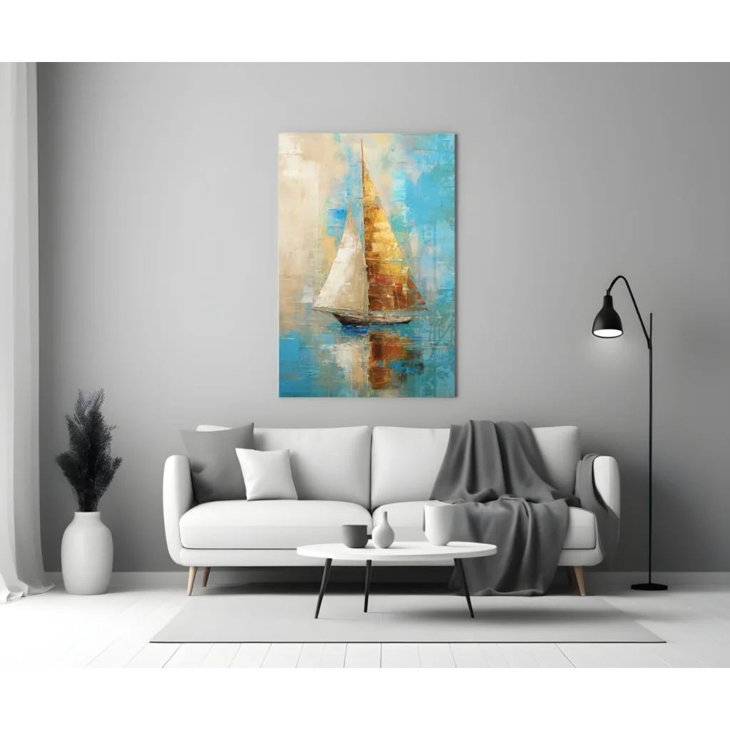 Golden sailboat textured impressionist wall art in modern living room