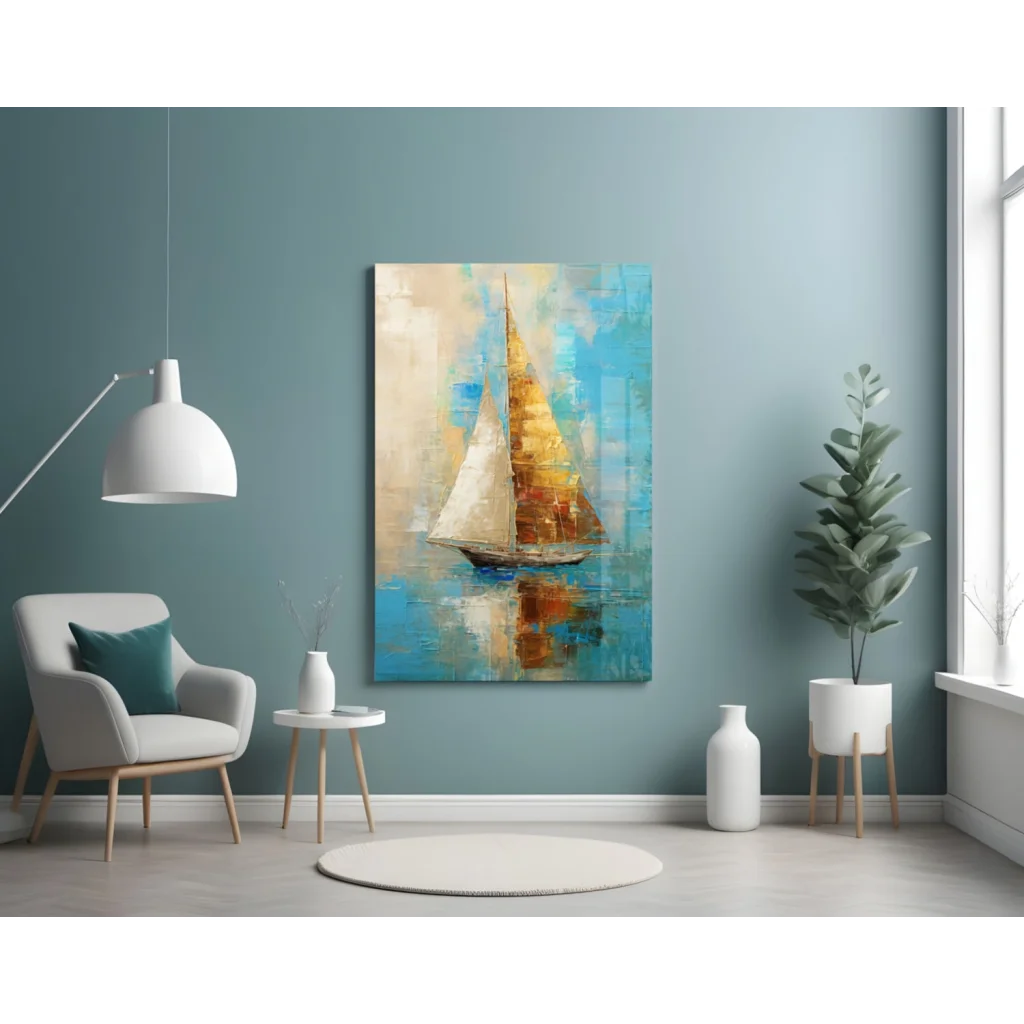 Vibrant golden sailboat canvas wall art with textured blue impressionist design