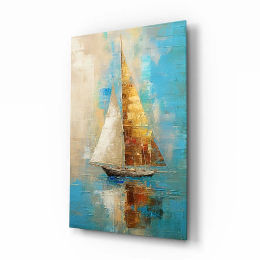 Textured impressionist sailboat wall art on golden canvas