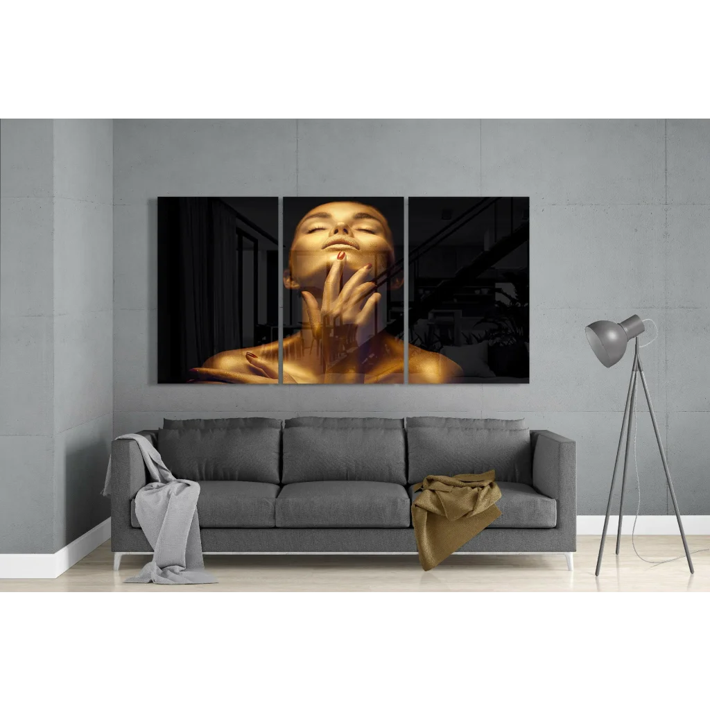 Golden Serenity triptych wall art with serene woman eyes closed