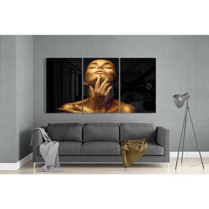 Golden Serenity triptych wall art with serene woman eyes closed