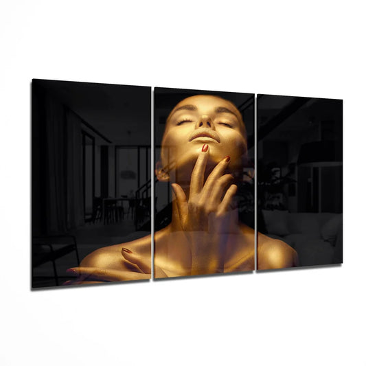 Golden Serenity three-panel canvas wall art of serene woman touching face