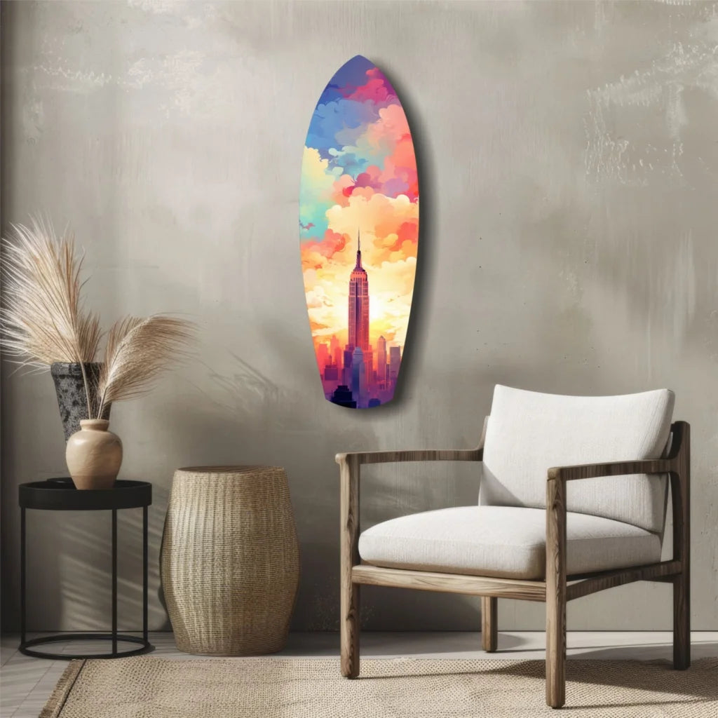 Vibrant Empire State Building sunset surfboard tempered glass art