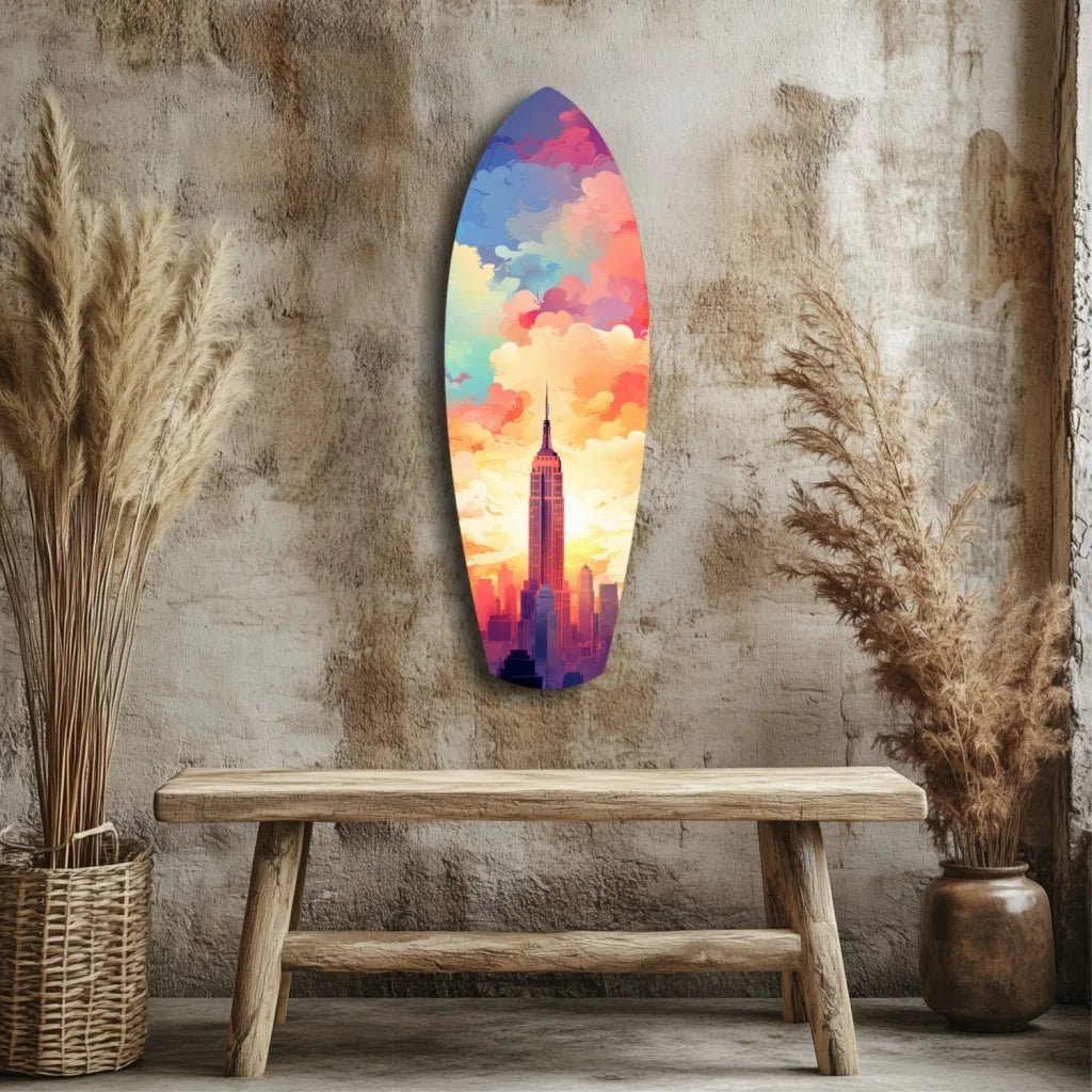 Vibrant Empire State Building sunset surfboard tempered glass art