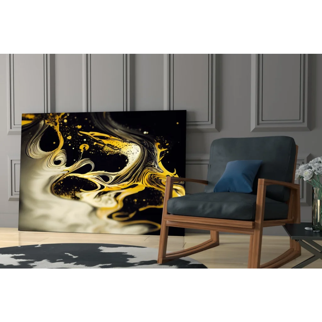 Black gold white abstract swirling fluid glass wall art print